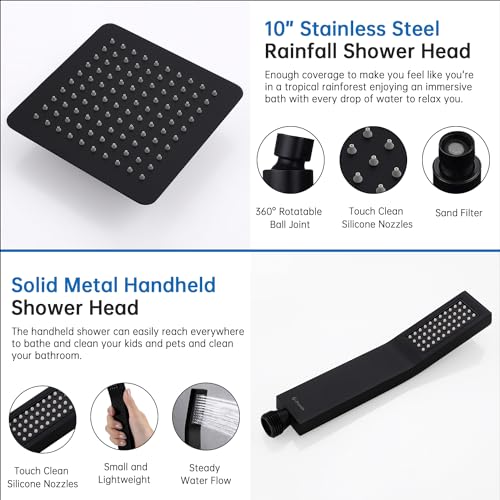 G-Promise All Metal 10 Inches Rainfall Shower Head with Handheld Combo | All Metal, Built to Last, Easy Install, Adjustable Height & Angle for All Heights, Extra Long Hose, Modern Upgrade - color: Matte Black, size: 10 Inches
