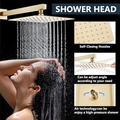 Aolemi Shower Faucet Set with Handheld Brushed Gold 12 Inch Head | Pressure Balance Shower Valve and Trim Kit,SUS304 Rain Head and Handle System,All Metal,Wall Mount,Bathroom,Handheld Spray - color: Gold, size: 12 Inch Wall Mount Shower Head
