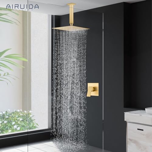 Airuida 12 Inch Brushed Gold Shower Faucet Set,Rainfall Shower System | Ceiling Shower Head,Male Thread Rough-in Valve,Ceiling Mount,Single Handle - color: Brushed Gold, size: 12 Inch