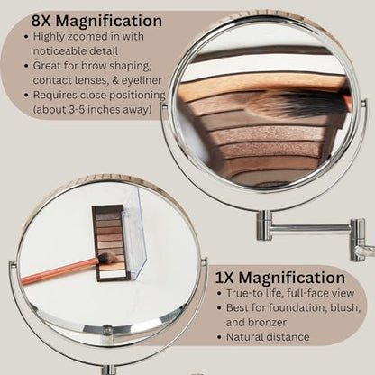 JERDON Wall-Mounted Makeup Mirror - 8X Magnification - Chrome - JP7808C | 8" Round Frame, 13.5" Wall Extension Arm - color: Chrome, size: 8X Magnification