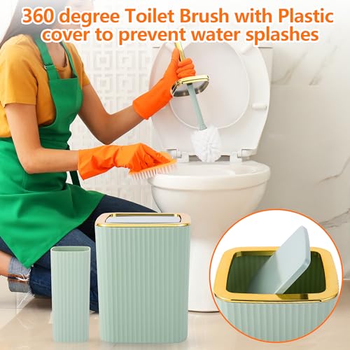 9 PCS Green Bathroom Accessories Set with Trash Can Bathroom Accessory | All-in-One Kit with Trash Can,Toothbrush Holder,Soap Dispenser,Toothbrush Cup,Vanity Tray,Soap Dish,Toilet Brush etc for Home - color: Lightgreen