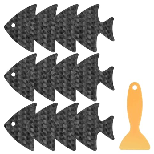 HARFINGTON 12pcs Non-Slip Bathtub Stickers Set 4.02" Fish Shower Floor Sticker PEVA Anti-Slip Adhesive Appliques with Scraper for Bathroom Kitchen Treads Stairs Swimming Pool, Black - color: Black