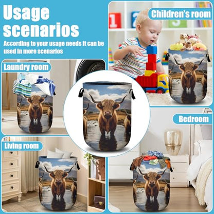 Scottish Highland Cattle Laundry Basket, Laundry Hamper Collapsible Oxford Cloth with Handle Clothes Storage Bin for Bathroom Laundry Room Bedroom 15.7 X 20 Inch - color: Scottish Highland Cattle