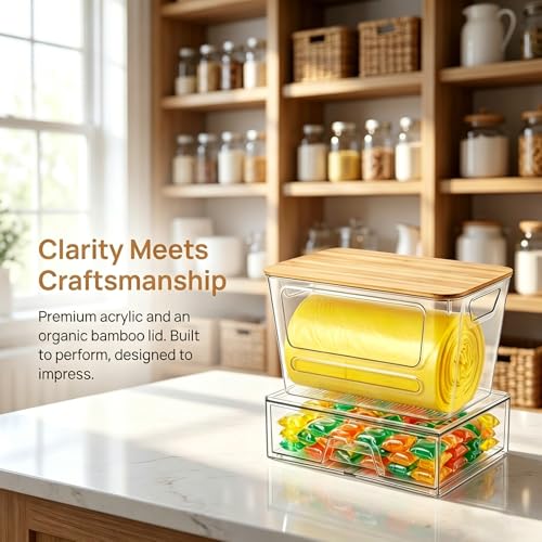 Trash Bag Dispenser Under Sink Organizer, Plastic Garbage Bag Holder with Bamboo Lid, Stackable Container for Dishwasher Pods & Laundry Pods, Kitchen Cabinet Pantry Laundry Room Organization Storage.