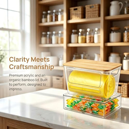 Trash Bag Dispenser Under Sink Organizer, Plastic Garbage Bag Holder with Bamboo Lid, Stackable Container for Dishwasher Pods & Laundry Pods, Kitchen Cabinet Pantry Laundry Room Organization Storage.