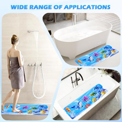 Baby Bath Mat for Tub Non Slip, 40 x 16 Inch with Drain Holes Suction Cups | Ocean animal PVC mat with 200 Suction Cups and 2 hooks, machine washable for clean, smooth, non-textured tubs shower inserts
