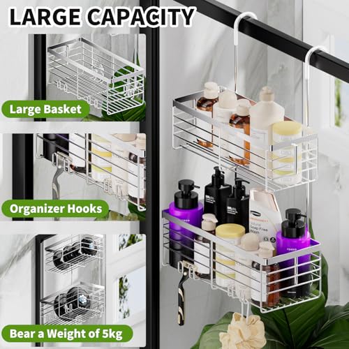 SHANSHUI Shower Hanging Caddy, Double Bathroom Showers Organizer Basket, Shampoo Bracket, Over Door Shower Rack with Hooks, 304 Stainless Steel Rustproof - size: 10.8"D x 4.7"W x 25.9"H