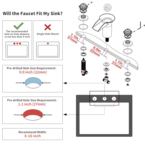 SKOWLL Bathroom Sink Faucet Waterfall, Free Floating Crystal Ball with LED Light, Modern 8 inch Widespread Bathroom Faucet 3 Hole with Dual Handle, Matte Black - color: Matte Black