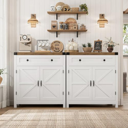 HOSTACK 31.5"W Kitchen Storage Cabinet, Farmhouse Coffee Bar Cabinet, White | Small Buffet Cabinet with Doors & Wide Drawer, Wood Sideboard Buffet, Entry Table w/ Adjustable Shelf for Dining Living Room - color: White