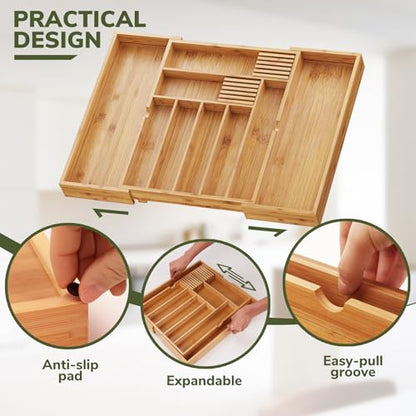 BAMEOS Bamboo Drawer Organizer Expandable Kitchen Silverware Organizer with 7-9 Deep Compartments, Bamboo Reinforced Cutlery Tray, Adjustable Utensil Holder for Kitchen(16.1"-22.4" Wide, Natural) - size: 2''H 22X16 with Knife Block