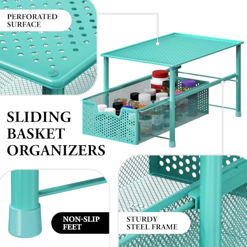 Simple Houseware Stackable Under Sink Sliding Basket Drawer, Turquoise | Perforated Free Standing Organizer, Kitchen/Pantry/Cabinet/Counter - color: Turquoise