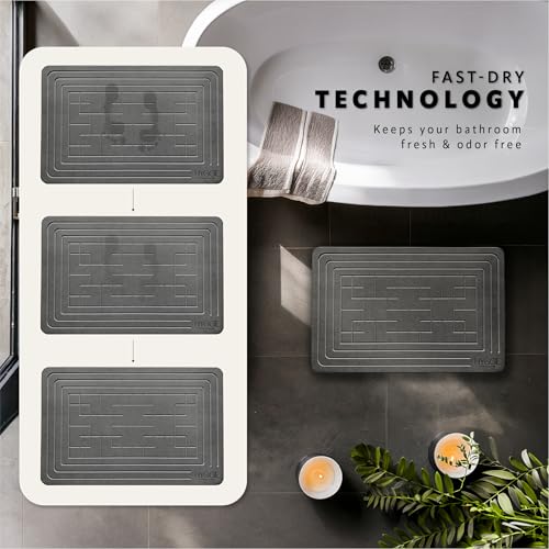 Diatomaceous Earth Stone Bath Mat - Ash Tile | Modern Fast Dry Bathroom Floor Shower Mat, Quick Drying Premium Diatomite Spa Stone Gift, Non-Slip Base, 23.6" x 15.4" - color: Ash Tile