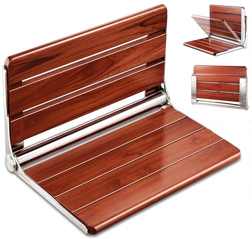 [Upgraded Version] 18" ADA Compliant Folding Teak Shower Seat Wall Mounted-Folding Shower Bench, Folding Shower Seat for Inside Shower, Teak Foldable Shower Chair, Fold Down Shower Seat, Max 400lbs - size: 18.4*13.4*10.4 Inch（Teak）