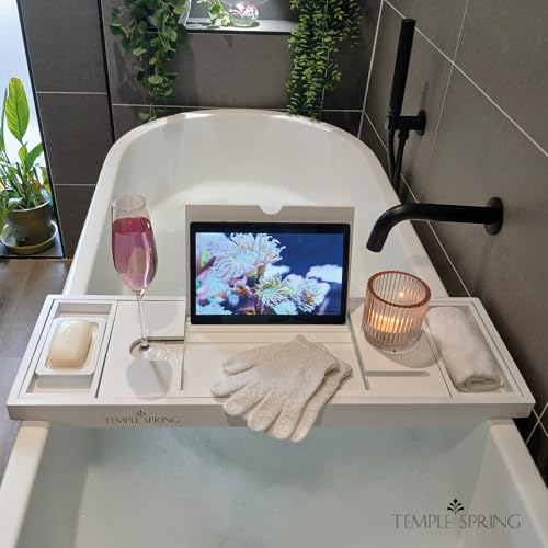 Bamboo Bathtub Tray Caddy for Tub — Expandable Wood Bath Tray with Solid Book Stand Wine Holder and Non-Slip Pads — Includes Bamboo Soap Dish and Spa Accessories — Luxury Bath Gift Set - color: White
