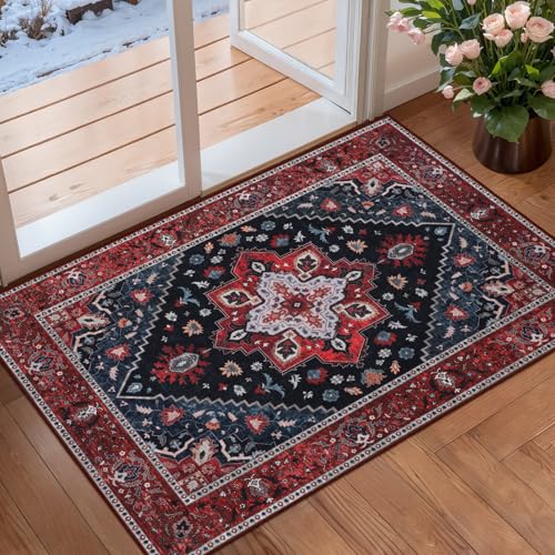 Ciicool Washable Vintage Area Rug, 2x4ft Boho Small Rug, Ultra Soft Rugs for Entryway, Non-Slip Entry Rugs Oriental Low-Pile Indoor Mat Floor Carpet for Entrance Bedroom Kitchen Bathroom Foyer Decor - color: Dark Blue/Red, size: 2' X 4' (Rectangular)