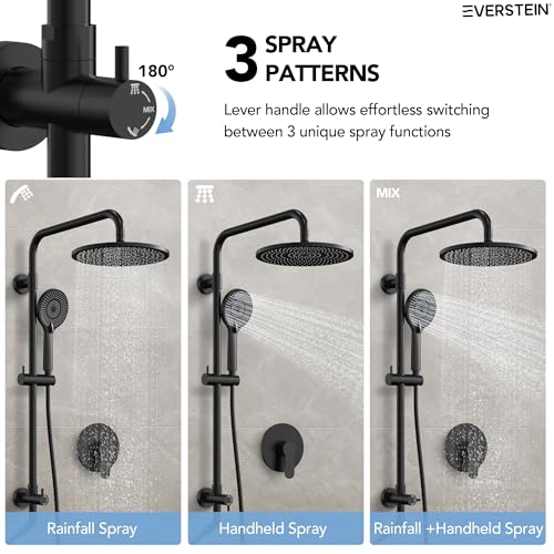 10 Inch High Pressure Rainfall Shower System with Slide Bar, Wall Mount Bathroom Round Shower Faucet Set with Valve, Matte Black - color: Black