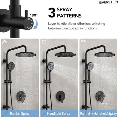 10 Inch High Pressure Rainfall Shower System with Slide Bar, Wall Mount Bathroom Round Shower Faucet Set with Valve, Matte Black - color: Black