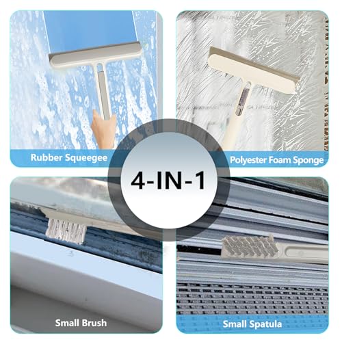 4-in-1 Shower Squeegee for Glass Doors, Silicone Window Squeegee with Foam Brush & Crevice Scraper, Small Bathroom Glass Cleaner Tool for Shower, Mirror, Tile, Window and Kitchen