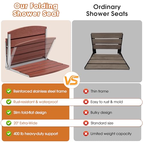 20" Folding Shower Seat, Fold Down Shower Seat Wall Mounted, Stainless Steel Frame with HDPS Seat, 400 lb Load Capacity, Folding Shower Bench for Seniors & Elderly (Red) - color: Red