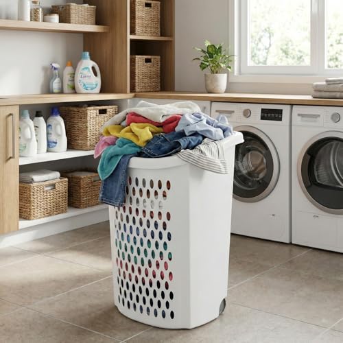 Wheeled Plastic Laundry Hamper,Ultra Wheeled Design Clothes Laundry Basket,Extra Large 135L Pull Handle & Side Grips Plastic Ventilated Clothes Basket for Home, Dorm, or Apartment