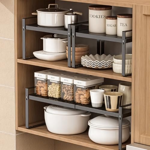 Expandable Cabinet Shelf, Lengths Adjustable Shelf Organizer Riser, Metal Space-Saving Cupboard Organizers for Kitchen Cabinet Pantry Cupboard Under Sink Countertop, Black - color: Black