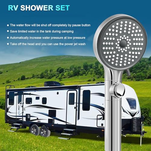 RV Shower Head with Hose, High Pressure 5 Mode Shower head Replacement, Showerheads for RV/Campers, Travel Trailer, Motorhome for Water Saving, Handheld Shower Head Holder and Hose, On Off Switch - color: Premium Chrome