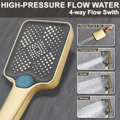 Shower System Modern Rain Brass Faucet Set With Valve and Diverter Shower Mixer With Handheld High Pressure Square Rainfall Shower Valve (12+6'' Wall Mount Thermostatic Valve, Brushed Gold) - color: Brushed Gold, style: 12+6'' Wall Mount Thermostatic Valv