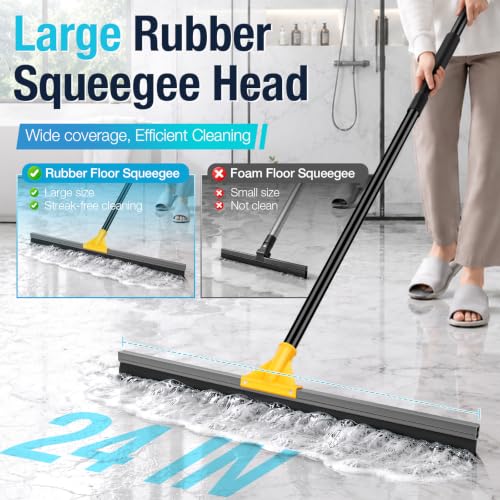 SOBONNE 24" Floor Squeegee for Concrete Floor Water Removal | Heavy Duty Large Rubber Squeegee Broom/ 57" Long Handle for Tiles Window Shower Garage Patio Deck Pool/Yellow - size: 24 Inch Floor Squeegee