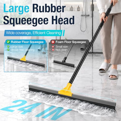 SOBONNE 24" Floor Squeegee for Concrete Floor Water Removal | Heavy Duty Large Rubber Squeegee Broom/ 57" Long Handle for Tiles Window Shower Garage Patio Deck Pool/Yellow - size: 24 Inch Floor Squeegee