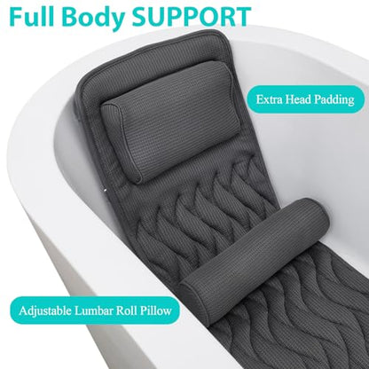 AEROiVi Full Body Bath Pillow Adjustable Lumbar Pillow 14 Suction Cups Gray | Relaxing Soft Bathtub Cushion with laundry bag 3D Air Mesh Fit Any Tub Bathroom Accessories Washable Quick-Dry - size: 50 inch gray