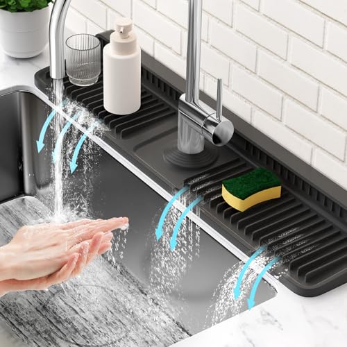 24'' Longer Faucet Mat for Kitchen Sink Splash Guard[7° Slope Fast Self-draining][Snap Lock Fit]Kitchen Sink Faucet Mat Splash Guard Kitchen Sink Area Water Splash Guard Behind Faucet Draining Mat - color: Black, size: 24" x 5.5"