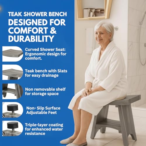 EcoDecors Serenity Teak Wood Shower Bench with Shelf 18 Inch Lunar Gray Finish Solid Teak Bathroom Seat Storage Non Slip Adjustable Feet Slatted Drainage Design for Shower Spa Sauna Indoor Outdoor Use