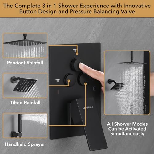 VANFOXLE Shower System Matte Black Shower Faucet Set, Push Button Diverter | 10 inch ceiling mount rain head Increased Thick, 6 inch side head, 2-in-1 handheld sprayer, solid brass valve, rust resistant - color: Matte Black, style: 10"+6" Head