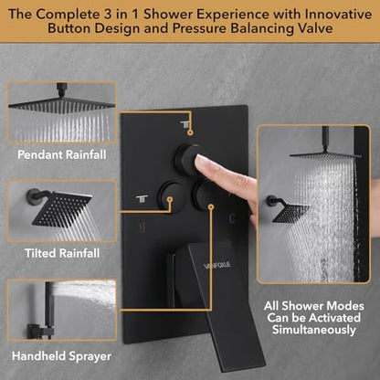 VANFOXLE Shower System Matte Black Shower Faucet Set, Push Button Diverter | 10 inch ceiling mount rain head Increased Thick, 6 inch side head, 2-in-1 handheld sprayer, solid brass valve, rust resistant - color: Matte Black, style: 10"+6" Head