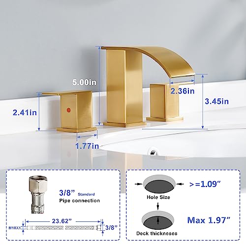 Gold Waterfall Bathroom Faucet 3 Holes - 8Inch Widespread Bathroom Sink Faucet | Two Handles Lavatory Vanity Sink Faucets with Pop-up Drain Assembly & Supply Lines Brushed Gold - color: A-Brushed Gold 8In