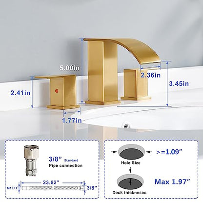 Gold Waterfall Bathroom Faucet 3 Holes - 8Inch Widespread Bathroom Sink Faucet | Two Handles Lavatory Vanity Sink Faucets with Pop-up Drain Assembly & Supply Lines Brushed Gold - color: A-Brushed Gold 8In