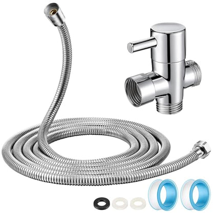 Dreyoo 3 Way Shower Head Splitter Kit, Brass G1/2 Diverter Valve with 118 Inch Stainless Steel Hose, Universal Shower Diverter for Dual Heads, Includes PTFE Tape - size: 118 in