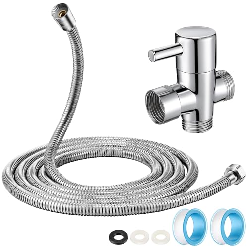 Dreyoo 3 Way Shower Head Splitter Kit, Brass G1/2 Diverter Valve with 118 Inch Stainless Steel Hose, Universal Shower Diverter for Dual Heads, Includes PTFE Tape - size: 118 in