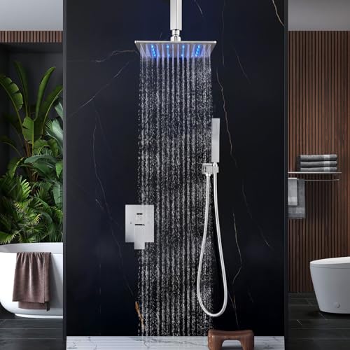 Aolemi Ceiling Shower Faucet Set with Handheld 12" LED Head Polish Chrome | Handheld Spray,12 Inch Rain LED Head,Shower Valve and Trim Kit,All Metal,Ceiling System,Bathroom Mixer - color: Chrome, size: 12 Inch LED Shower Head
