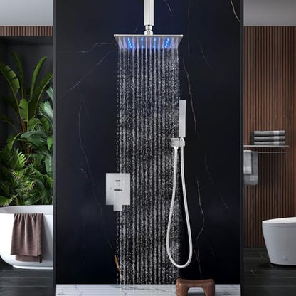 Aolemi Ceiling Shower Faucet Set with Handheld 12" LED Head Polish Chrome | Handheld Spray,12 Inch Rain LED Head,Shower Valve and Trim Kit,All Metal,Ceiling System,Bathroom Mixer - color: Chrome, size: 12 Inch LED Shower Head
