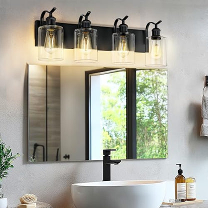 4-Light Black Bathroom Light Fixture Over Mirror, Modern Vanity Light, Clear Glass Wall Sconce, VL01BK-4 - color: Black & Clear Glass, size: 4 LIGHT