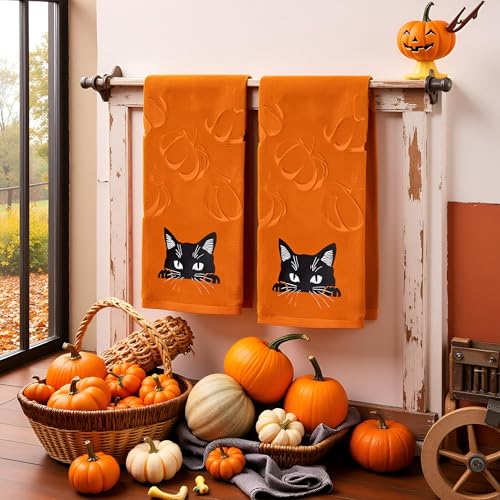 2 Pack Fall Hand Towel Jacquard Embroidered Cotton Kitchen Towels Farmhours Thankful Bath Towels Set Thanksgiving Bathroom Decor (Yellow Cat, 2*Hand Towel) - color: Yellow Cat