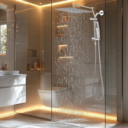 All Metal 12 Inch Rain Shower Head with Handheld Spray Combo, High Pressure Waterfall Rainfall Square Shower Heads with 16" Adjustable Extension Arm, Dual Showerhead with 3-Way Diverter,Brushed Nickel - color: Brushed Nickel, size: 12 Inch