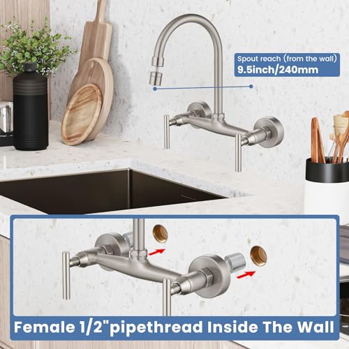 Airuida 8 Inch Center Wall Mounted Kitchen Sink Faucet | 360° Degree Swivel Spout,Double Handle,Wall Mount Utility Sink Faucet - color: Brushed Nickel