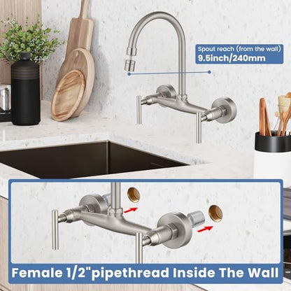 Airuida 8 Inch Center Wall Mounted Kitchen Sink Faucet | 360° Degree Swivel Spout,Double Handle,Wall Mount Utility Sink Faucet - color: Brushed Nickel