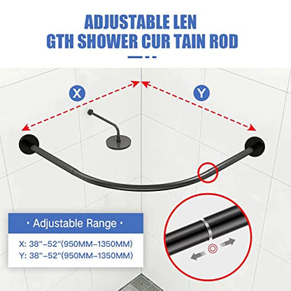 Black Stainless Steel L Shaped 50" Shower Curtain Rod - No Drill Adhesive - color: Black, size: 50"x50"