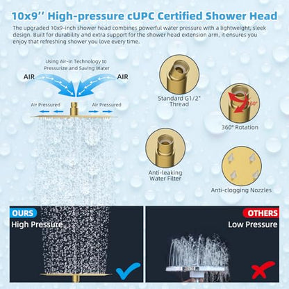 Hibbent All Metal CUPC Certified 10'' Rain Shower Head, Dual Shower Head Combo, High Pressure Handheld 4 Sprays Shower Wand, 16'' Adjustable Extension Arm, 71'' Hose, Shower Holder, Brushed Gold - color: Brushed Gold, style: Square 10''