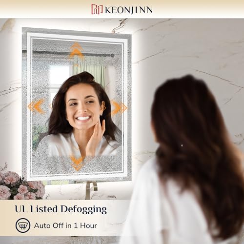 Keonjinn 28" x 36" Lighted Mirrors for Bathroom Wall, Safe Tempered Glass | Frontlit & Backlit, 3000K/4500K/6000K, Dimmable, Energy-Saving Power Driver, Anti-Fog, Smart LED Bathroom Mirror with Lights - size: 36"L x 28"W