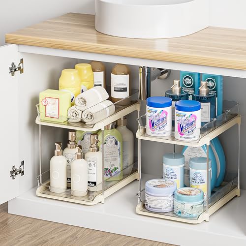 Delamu 2-Tier Multi-Purpose Bathroom Under Sink Organizers and Storage, Stackable Kitchen Pantry Organization, Pull Out Medicine Cabinet Organizer with Movable Dividers, Beige, 2 Pack - color: Beige, size: 2 Pack