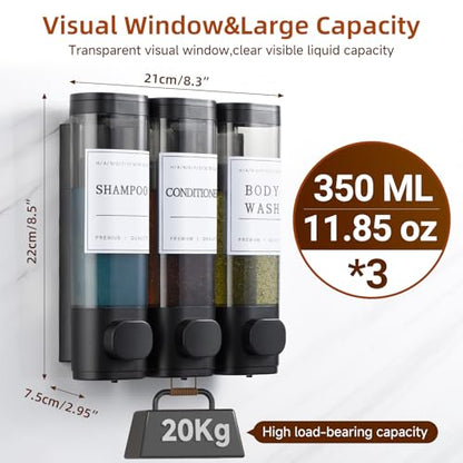 Shampoo and Conditioner Dispenser,Shower Soap Dispenser 3 Chamber No Drill Wall-Mounted for Bathroom & Hotel Leak-Proof Pumps, for Thick Liquids Like Conditioner - 1050ML High Capacity, Black - color: Matte Black